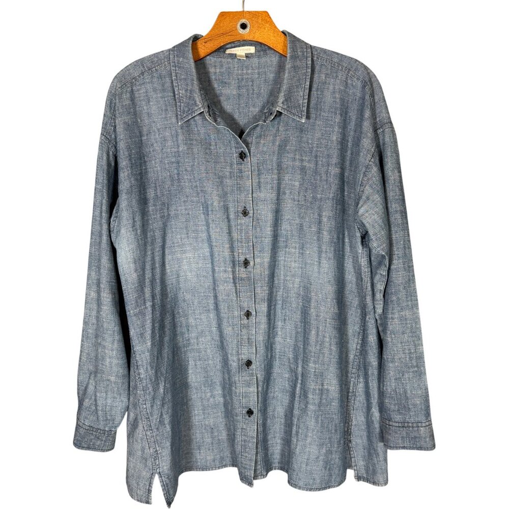 Eileen Fisher Hemp Organic Cotton Blue Oversized Button Up Lagenlook M